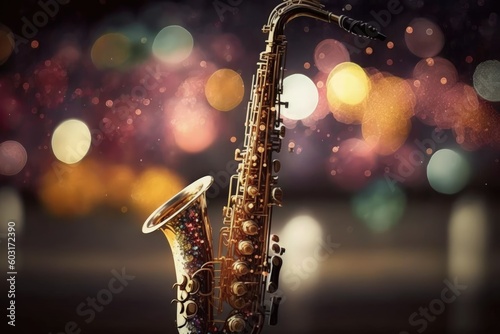 Saxophone on bokeh background, Generative AI
