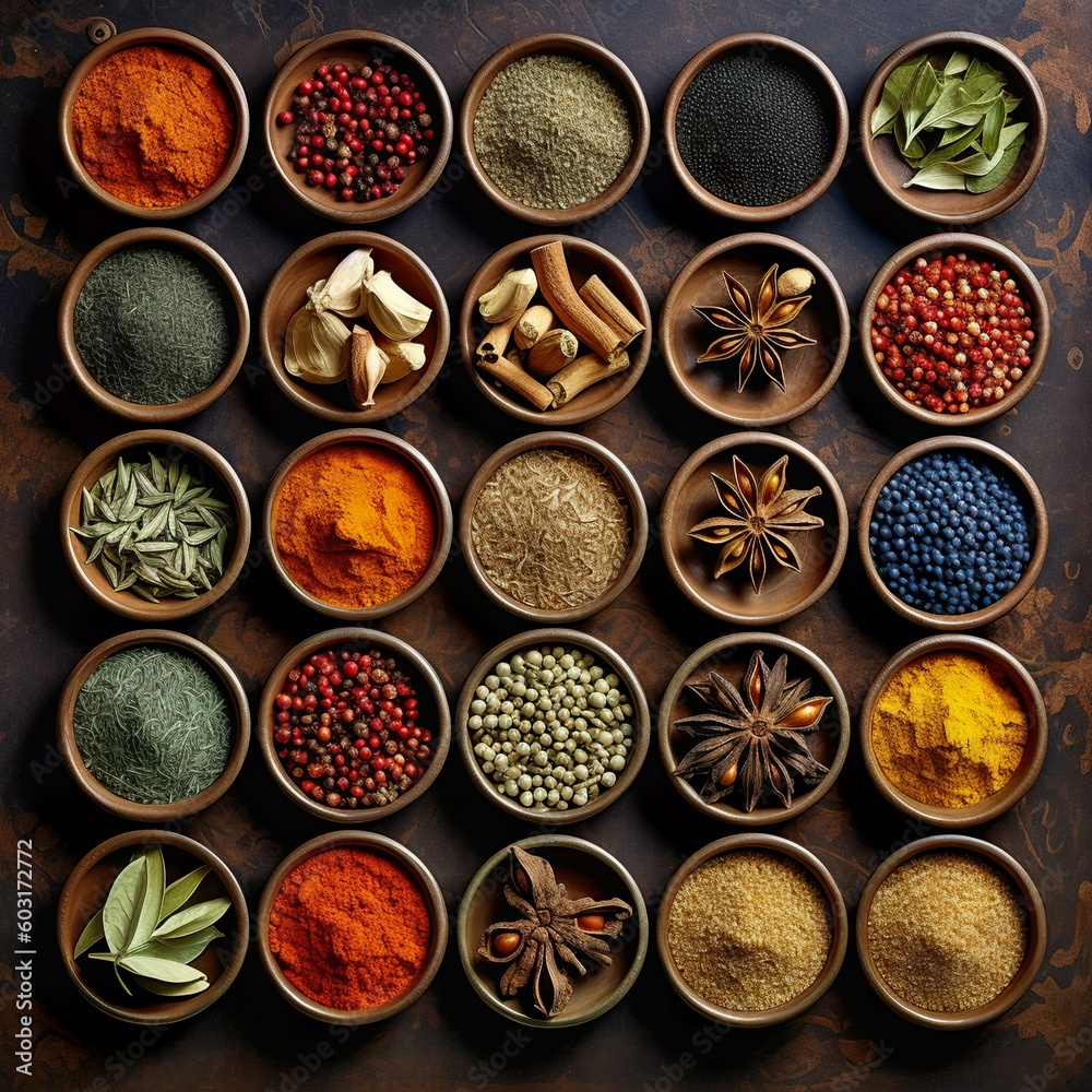 Top view of a neatly arranged assortment of spices in small bowls.