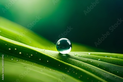 Stampa su tela Hyper-realistic macro shot of Dewdrop on the leaf, which reflects the sprout, cinematic lighting, impeccable detail
