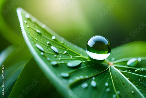 Photo Hyper-realistic macro shot of Dewdrop on the leaf, which reflects the sprout, cinematic lighting, impeccable detail