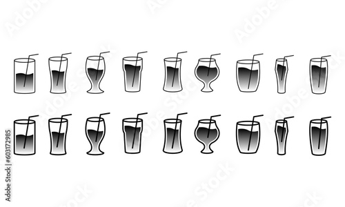 Cocktail Icon glass types Sleek Vector Icon Set, line icons. gradient black and white water/juice inside on transparent background.