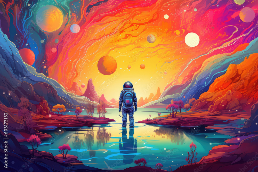 the little astronaut is standing near planets, in the style of hypercolorful dreamscapes, generative AI