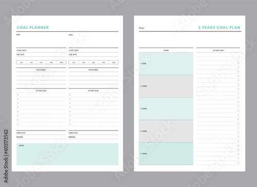 set of 5 years Goal planner. Minimalist planner template set. Vector illustration.