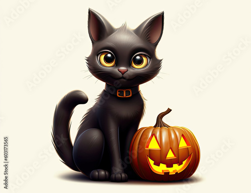 Black Cat Halloween Pumpkin, Jack o Lantern, Witch, Spooky, Fall, Autumn. Wall Art. Halloween Resource. Generative AI