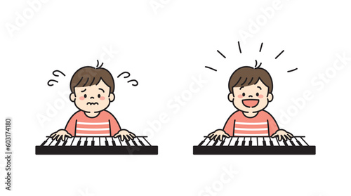ピアノの練習をして上手に弾けるようになった男の子のイラスト