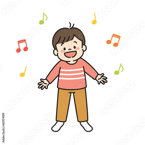 歌を歌う男の子のイラスト　音符　全身