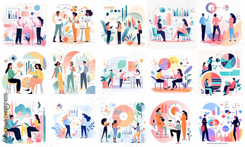 Set of business illustrations with businesspeople interacting created with generative AI technology