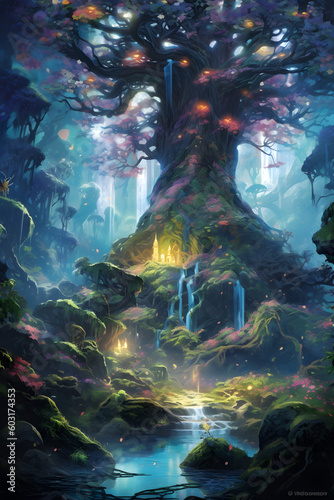 A mystical landscape in a fantasy realm, showcasing vibrant and surreal elements that transport viewers to a realm of wonder and imagination. Generated by AI.