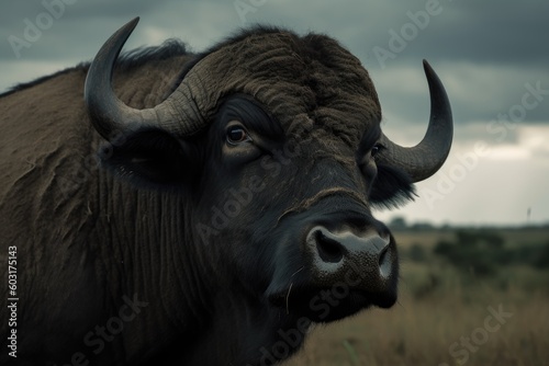 A buffalo with its formidable horns and piercing gaze, exuding strength and commanding presence. Generatvie AI © Nutcha