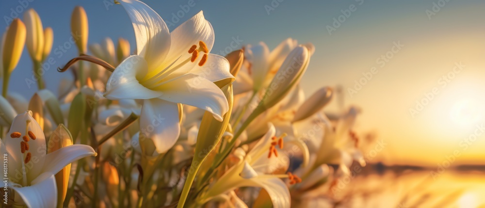 White lily flowers in the field at sunset. Beautiful floral background
Created with generative AI technology.