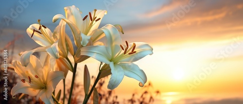 White lily flowers in the field at sunset. Beautiful floral background Created with generative AI technology.