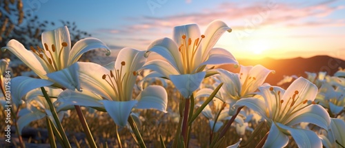 White lily flowers in the field at sunset. Beautiful floral background Created with generative AI technology.
