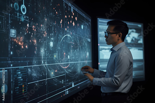 Management consultant, business professional working, business person developing corporate strategy through financial analysis, examining various data sources in front of a screen, technology, laptop,