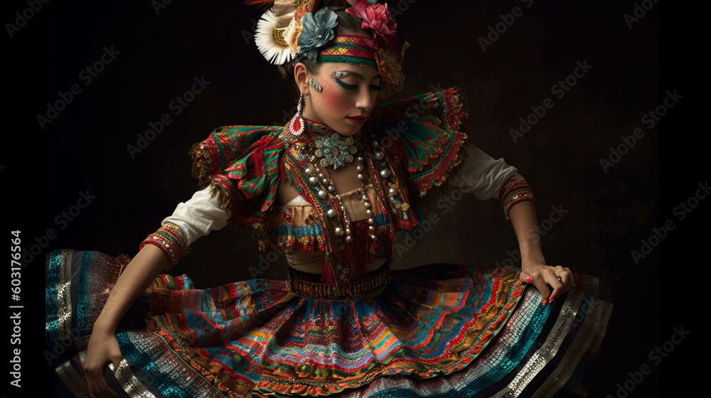 LATIN MEXICAN FOLKLORE, TRADITIONAL, COLORFUL, CULTURAL, REGIONAL DANCER. ai generative