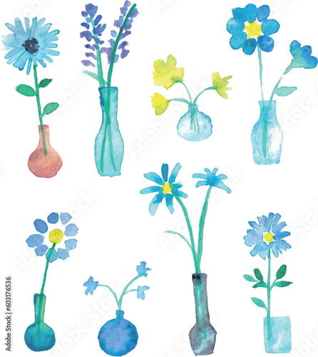 水彩画。水彩タッチの花瓶に入った花イラスト。一輪挿しのベクターイラスト。北欧風花イラスト。Watercolor painting. Illustration of flowers in a vase with watercolor touch. Vector illustration of a single flower vase. Scandinavian style flower illust