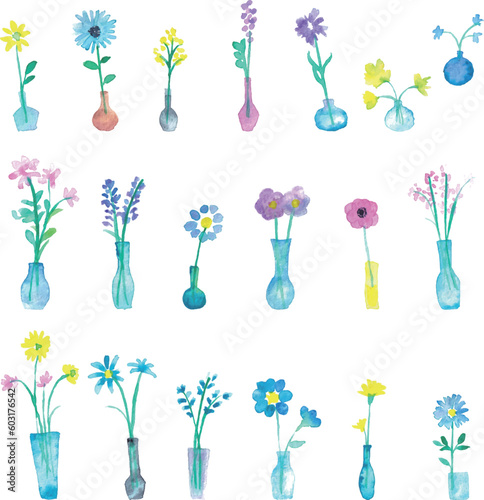 水彩画。水彩タッチの花瓶に入った花イラスト。一輪挿しのベクターイラスト。北欧風花イラスト。Watercolor painting. Illustration of flowers in a vase with watercolor touch. Vector illustration of a single flower vase. Scandinavian style flower illust
