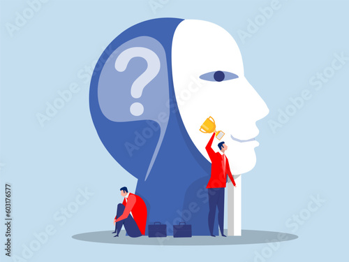 Imposter syndrome.man standing for him present profile with fear behind. Anxiety and lack of self confidence at work; the person fakes is someone else concept