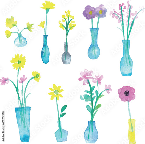水彩画。水彩タッチの花瓶に入った花イラスト。一輪挿しのベクターイラスト。北欧風花イラスト。Watercolor painting. Illustration of flowers in a vase with watercolor touch. Vector illustration of a single flower vase. Scandinavian style flower illust