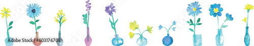 水彩画。水彩タッチの花瓶に入った花イラスト。一輪挿しのベクターイラスト。北欧風花イラスト。Watercolor painting. Illustration of flowers in a vase with watercolor touch. Vector illustration of a single flower vase. Scandinavian style flower illust