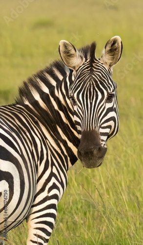 portrait of a zebra grazing in the tall grass in the maasai mara savannah, kenya.