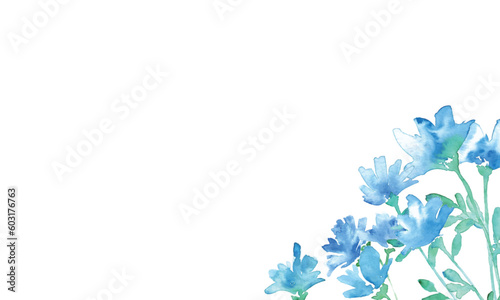 水彩画。水彩タッチの青い花ベクターイラスト。夏の涼しげな青い花背景。Watercolor painting. Blue flowers vector illustration with watercolor touch. Cool summer blue flowers background.