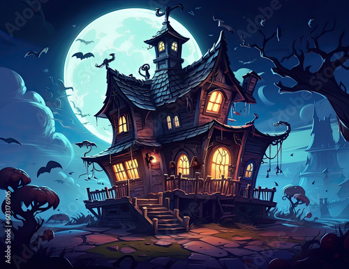 Haunted House, Halloween Background, Halloween Resources. Wall Art, Spooky, Creepy, Colorful, Cartoonish, Jack o Lantern. Generative AI