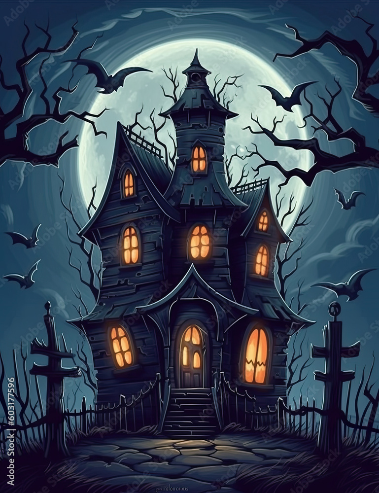 Haunted House, Halloween Background, Halloween Resources. Wall Art, Spooky, Creepy, Colorful, Cartoonish, Jack o Lantern. Generative AI