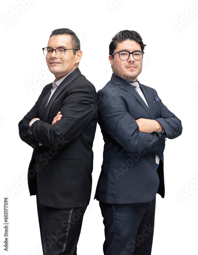 two young businessmen posing back to back, looking at the camera on a white background