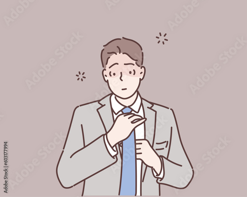 business manager getting dressed and fixing his tie early in the morning. Hand drawn style vector design illustrations.