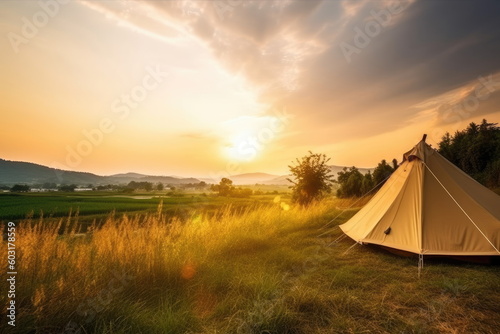 luxury camping in the beautiful countryside with sunset background, nice landscape © waranyu