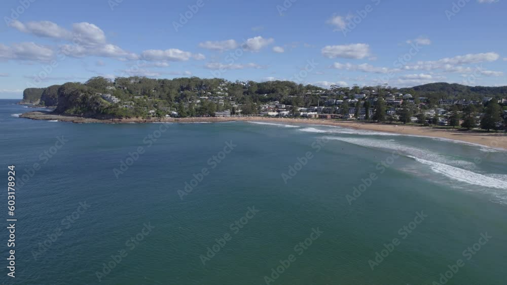 Panorama Of Avoca Beach And Calm Blue Ocean In Sydney, NSW, Australia. - aerial Panorama Of Avoca Beach And Calm Blue Ocean In Sydney, NSW, Australia. - aerial
