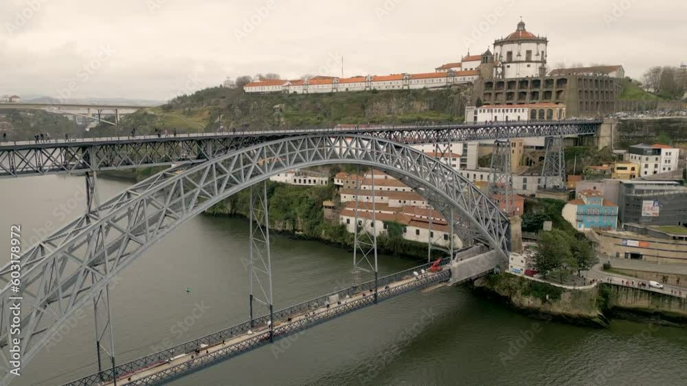 Aerial View Of Dom Luis I Bridge Over The Douro River In Portugal. - pullback Aerial View Of Dom Luis I Bridge Over The Douro River In Portugal. - pullback