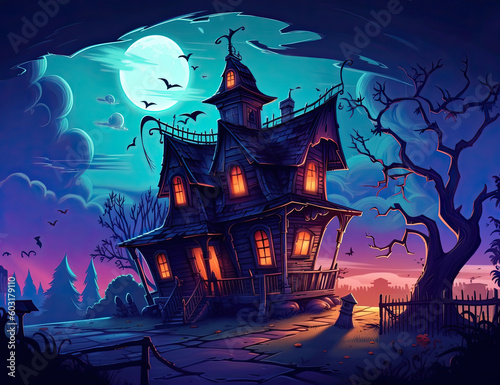 Haunted House, Halloween Background, Halloween Resources. Wall Art, Spooky, Creepy, Colorful, Cartoonish, Jack o Lantern. Generative AI