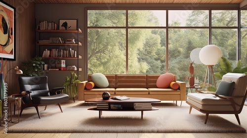 Interior perspective of mid century modern and stylish living room using generative AI