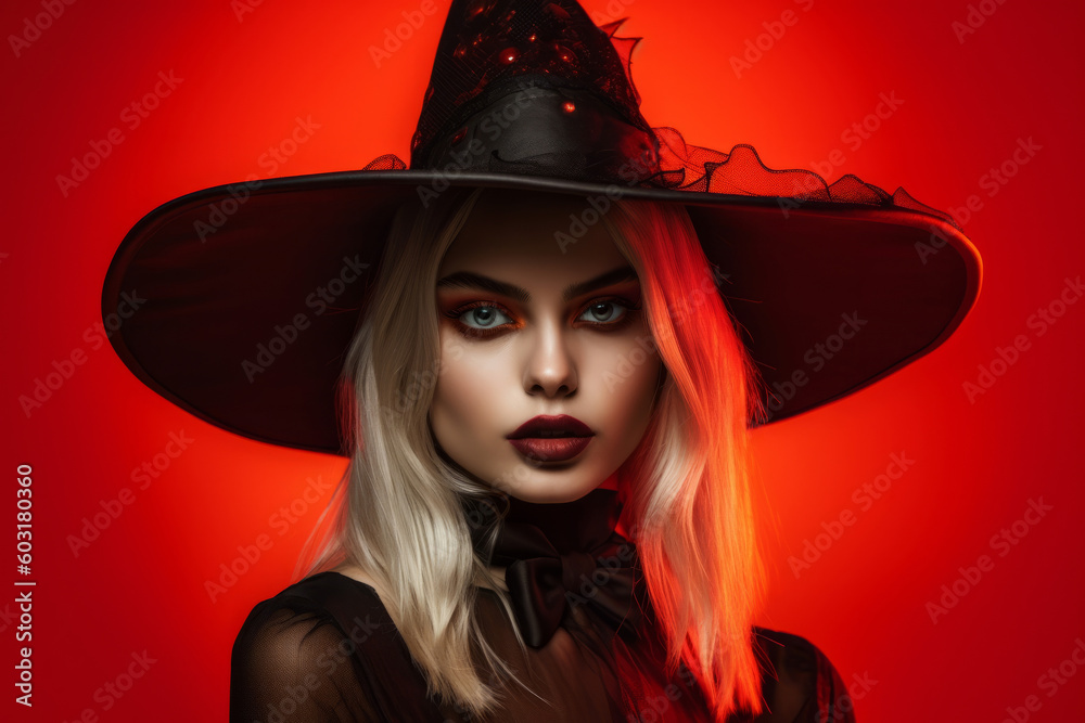 Portrait of a sexy halloween witch against a red background. Generative ai