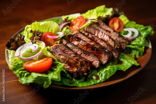 a plate of steak salad with lettuce and tomatoes, AI generated
