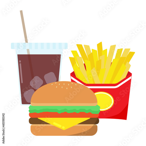 ハンバーガーとポテトのドリンク付きセットのイラスト