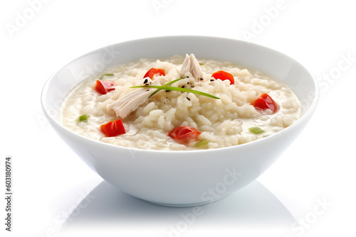 Chicken and rice soup, isolated on white background, Generative Ai