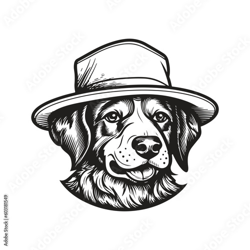dog wearing bucket hat, vintage logo line art concept black and white color, hand drawn illustration