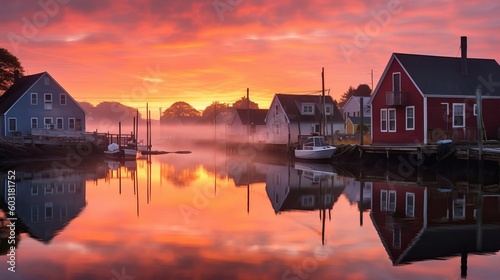 New England fishing village at sunrise. Generative AI