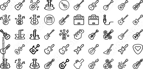 Set Of Guitar Icons Collection Isolated Silhouette Solid Icons Including Guitar, Acoustic, Music, Rock, Sound, Musical, Instrument Infographic Elements Logo Vector Illustration