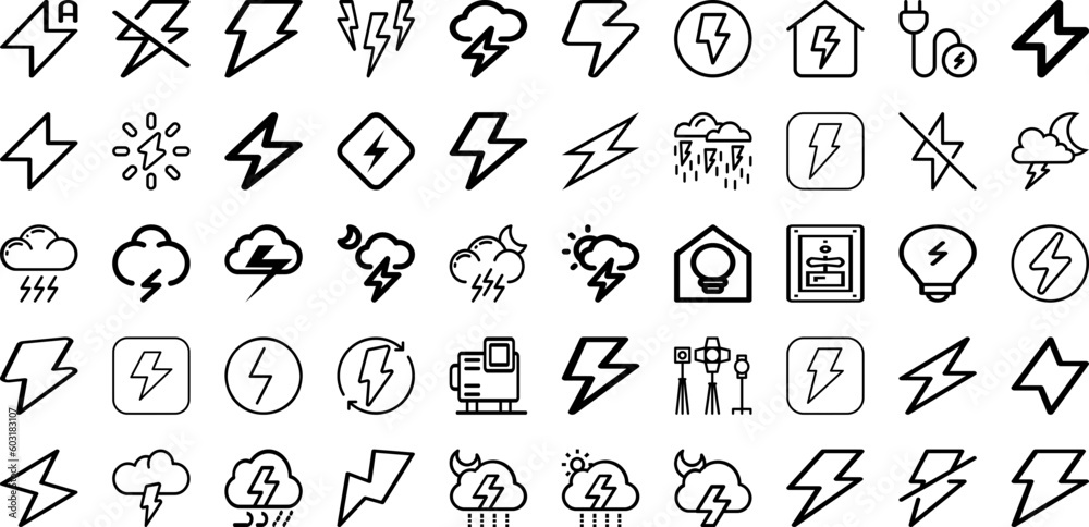 Set Of Lightning Icons Collection Isolated Silhouette Solid Icons Including Thunder, Energy, Light, Electric, Flash, Lightning, Power Infographic Elements Logo Vector Illustration