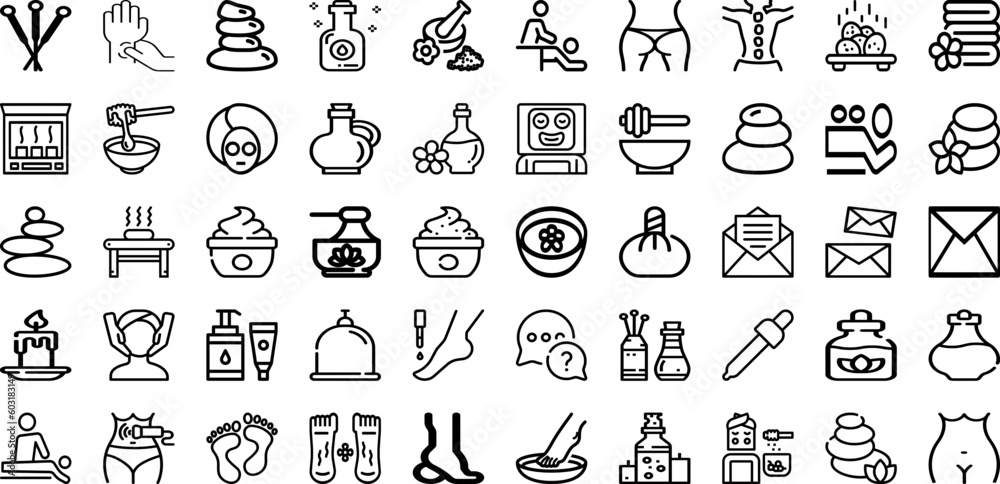 Set Of Massage Icons Collection Isolated Silhouette Solid Icons Including Body, Therapy, Treatment, Massage, Spa, Wellness, Care Infographic Elements Logo Vector Illustration - obrazy, fototapety, plakaty 
