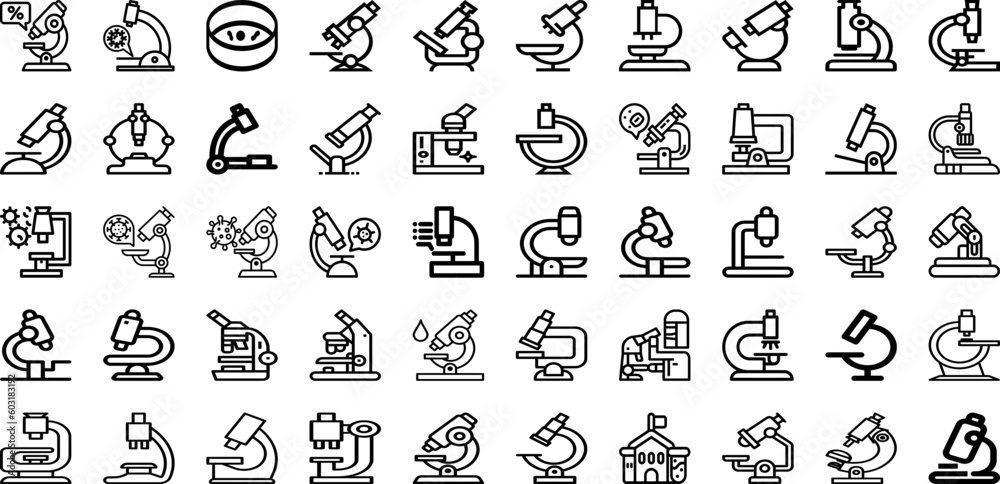 Set Of Microscope Icons Collection Isolated Silhouette Solid Icons Including Equipment, Research, Lab, Biology, Laboratory, Microscope, Science Infographic Elements Logo Vector Illustration