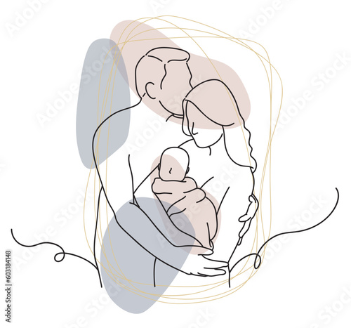 Continuous one simple single abstract line drawing of mother and father holding baby icon in silhouette on a white background. Linear stylized.