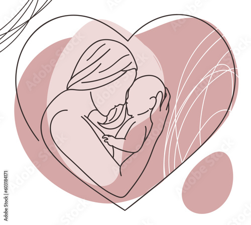 Mother holding her newborn baby in her arms. Line art vector illustration.