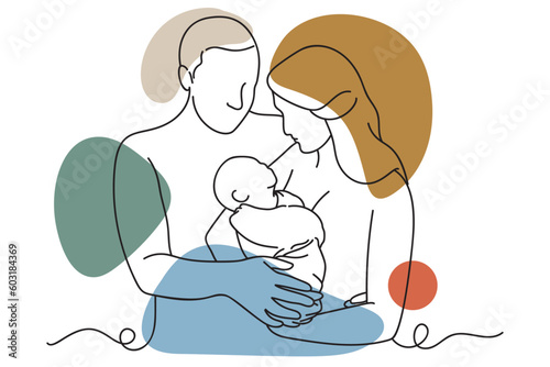 Continuous one line drawing of a happy family. Mother, father and baby. Vector illustration