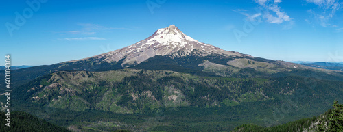 A view of the east face of Mount Hood (11,240 ft). This picturesque panormana is seen from the top of Lookout Moutain in Hood River County, Oregon.