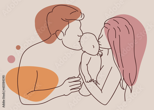Cute line art vector illustration of a loving couple with a newborn baby.