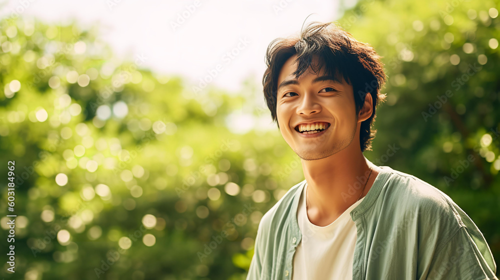 グリーンのシャツを着た笑顔の男性（アジア人・中国人・日本人・韓国人・Generative AI）
